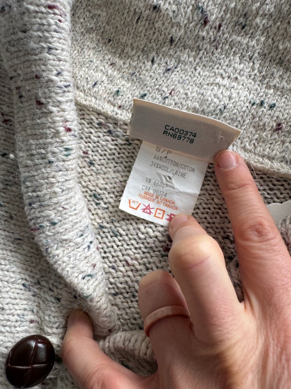 Vintage 90s Northern Reflections Sweater | Cream Speckled Button Collar Wool S - Picture 8 of 9